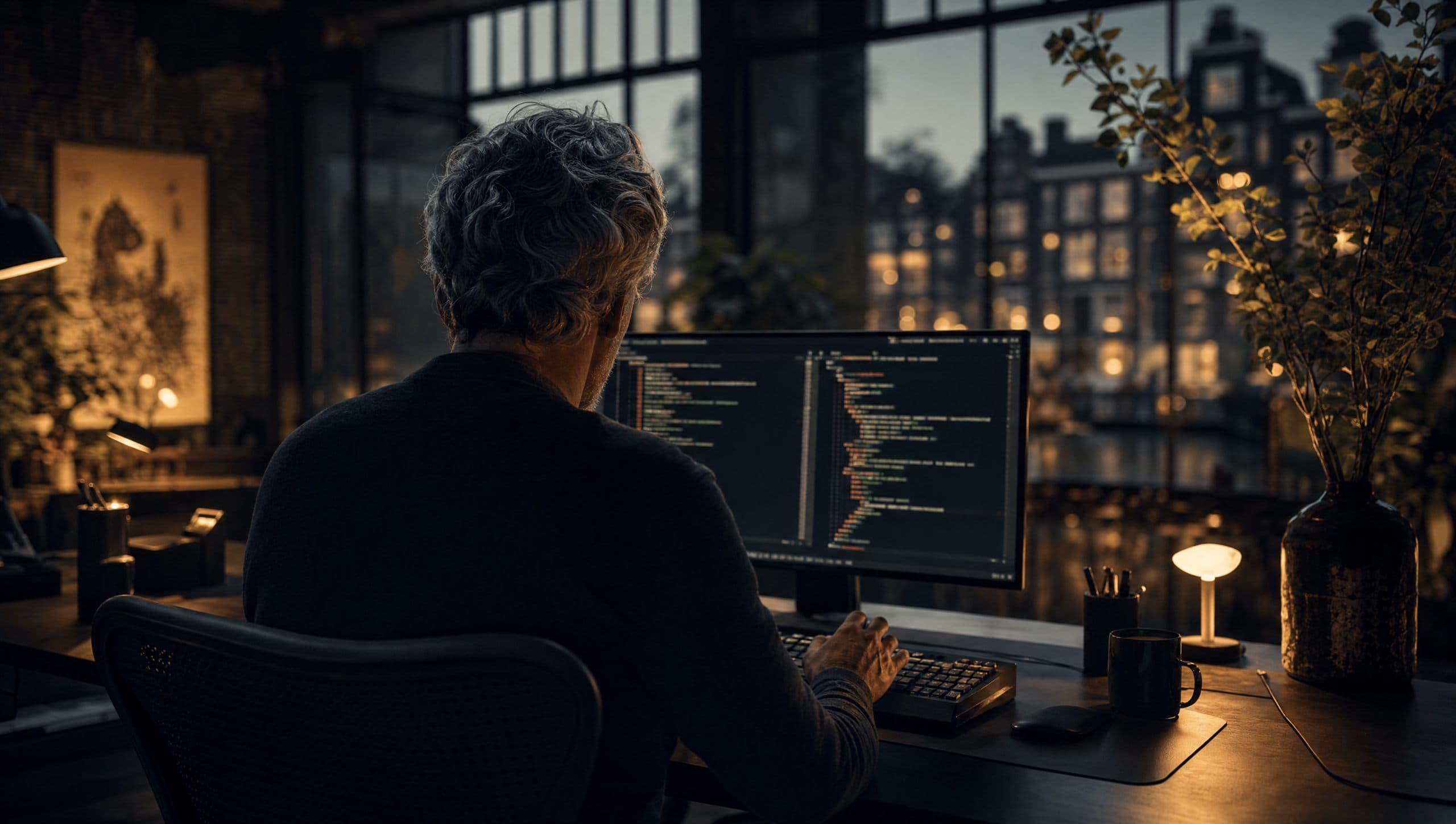 Software engineer at work in an Amsterdam office overlooking the canal